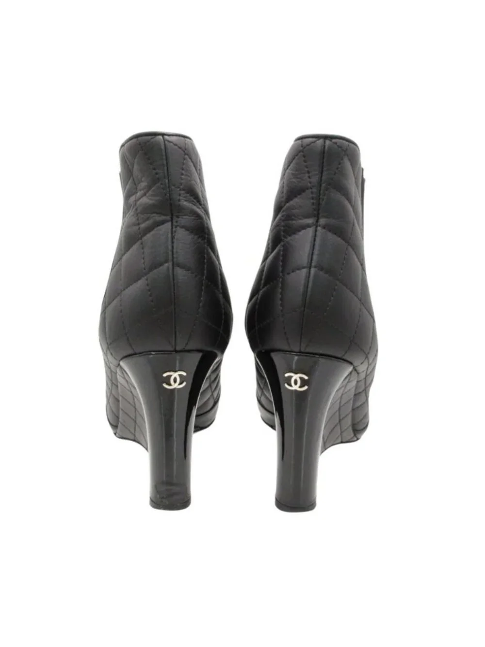 Chanel Boots Booties Short Wedge Sole Quilted Cap Toe Side Gore Leather Shoes